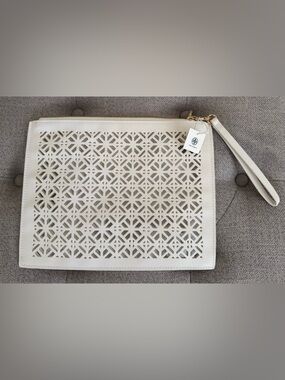 Tory Burch Cream Laser-Cut Leather Wristlet Clutch 11” x 8.5”